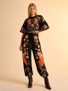 CAJUNI 女式荷叶边度假印花衬衫 - 黑色 - 查看 7