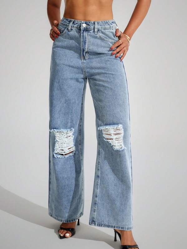 SHEIN EZwear Solid Color Distressed Pocket Casual Loose Fit Denim Jeans