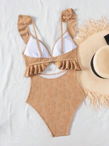 Swim Mod Women's Summer Beach Vacation Jacquard Ruffle Trim Hollow Front Knot One Piece Swimsuit - Khaki - View 2