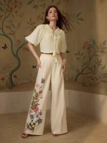 MOTF PREMIUM 花卉印花压褶西装裤 - 杏色 - 查看 7