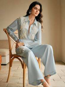 Anewsta 1 Stück Damen Blume Jacquard Langarm Einreihige Elegante Bluse