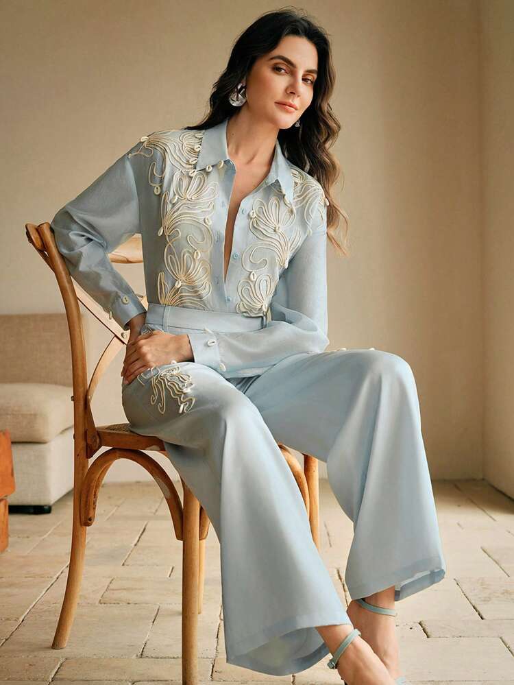 1 pièce Blouse élégante à fleurs, jacquard, à manches longues, boutonnée, pour femmes