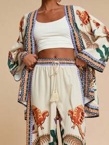 Travachic 2 件套女士套装，梭织印花长袖宽松衬衫和高腰宽松阔腿裤，女士夏季服装，沙滩装，春夏，复活节，节日服装，女士沙滩装，春假，女士度假服装，女士音乐会服装，波西米亚风，波西米亚风，音乐节，7 月 4 日服装，热带度假 - 杏色 - 查看 7