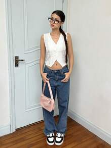 SHEIN Áo không tay cổ chữ V thoải mái, vừa vặn cho bé gái tuổi teen, viền áo bất đối xứng - trắng - Xem 3