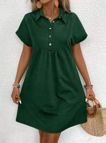 SHEIN LUNE 女士夏季休闲纯色短袖半襟翻领迷你连衣裙 - 墨綠色 - 查看 5
