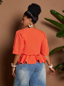 Maweii Plus Size Solid Color V-Neck Cross Wrap Elegant Short Sleeve Blouse - Orange - View 6