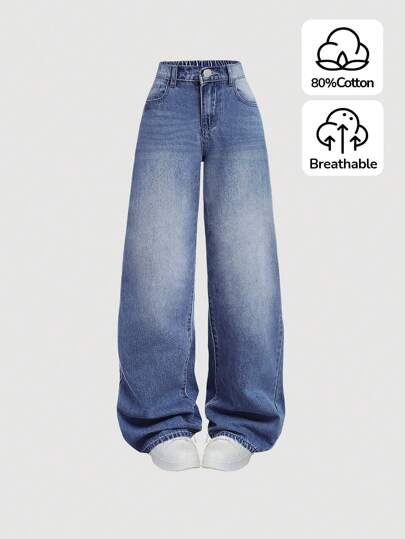 SHEIN Girlism Teen Girl Y2K Loose Fit Casual Denim Pants With Pockets And Wide Legs,Teen Girl Summer Break Denim Jeans.