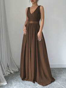 Elenzga 无袖 V 领收腰 A 字型优雅浪漫女士派对连衣裙长款女装 - 咖啡 - 查看 4