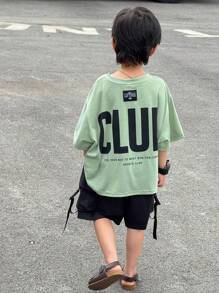 SHEIN 青春男孩休闲运动学院文艺风复古日韩宽松圆领T恤后背大字母图案适合开学男生套装适合生日派对、晚会、演出、婚礼、洗礼、开幕式日常适合日常穿着适合上学适合旅行适合运动适合春夏季节