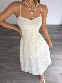 SHEIN Essnce All White Solid Jacquard Flower Applique Shirred Back Slip Long Dress - White - View 4