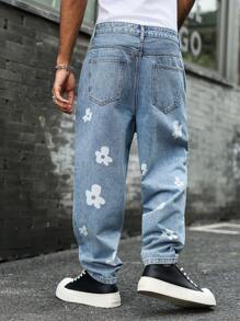 Manfinity EMRG 男士花卉印花口袋宽松休闲牛仔裤 - 淺色水洗藍 - 查看 2