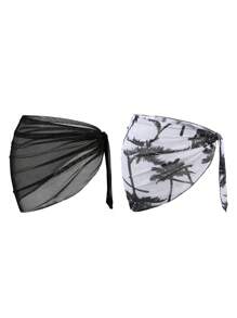 Sweetra 2pcs/Set Summer Mesh Floral Print Beach Vacation Sun Block Cover Up Skirt Set