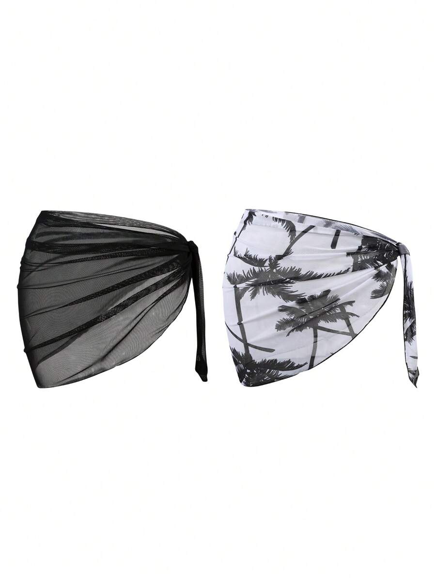 Sweetra 2pcs/Set Summer Mesh Floral Print Beach Vacation Sun Block Cover Up Skirt Set