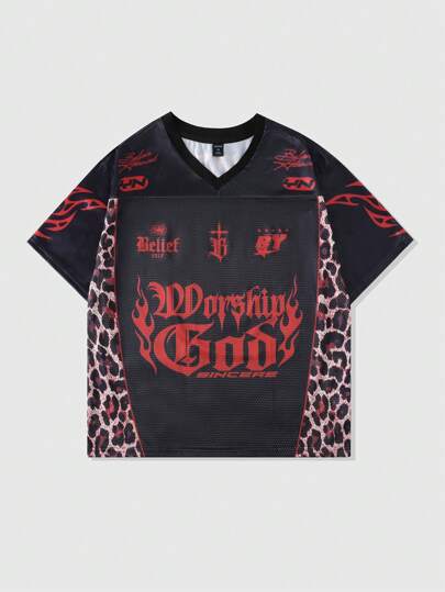 Men's Street Life Leopard Print Streetwear Basketball Jersey Short Sleeve T-Shirt