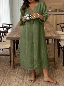 Breezaya 大码女装夏季纽扣装饰V领卷袖直筒休闲连衣裙 女装夏季服装 大码女式吊带裙 工作夏季连衣裙 女装夏季服装 - 軍綠色 - 查看 6