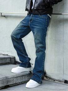 Manfinity Homme Men's Solid Color Casual Pocket Versatile Bootcut Flare Denim Jeans