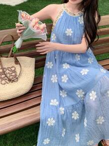 DAZY Đầm midi không tay in hoa kiểu Hàn Quốc dành cho nữ, trang phục đi nghỉ mát, trang phục du lịch biển cho nữ. - Màu xanh lam - Xem 6