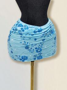 SHEIN ICON 女式亮片刺绣褶饰紧身迷你裙 - 藍色 - 查看 3