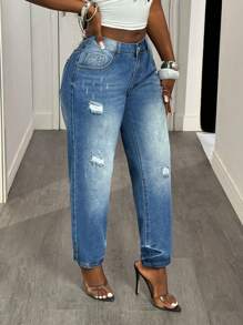 SHEIN Tall Casual Washed Distressed Tapered Jeans - Blue - View 6