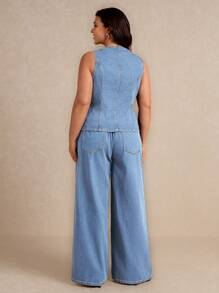 Elaquor 大码女式单排扣牛仔背心和休闲裤套装 - 淺色水洗藍 - 查看 2