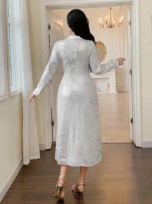 DAZY Elegantes Midikleid mit Pailletten-Twist-Vorderseite für Frauen, Langarm-Kleid für den Herbst, Luxus-Abendkleid für den Abiball, Silvester-Kleid, funkelndes Kleid - Silber - Übersicht 2