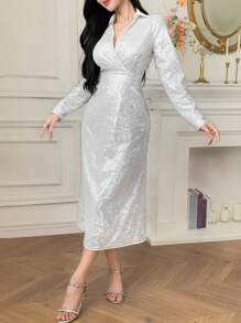 DAZY Elegantes Midikleid mit Pailletten-Twist-Vorderseite für Frauen, Langarm-Kleid für den Herbst, Luxus-Abendkleid für den Abiball, Silvester-Kleid, funkelndes Kleid - Silber - Übersicht 5