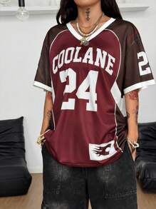 Coolane Tricouri de vară pentru femei, streetwear, sport, cu guler în V, baseball, fotbal, roșu, jerseu