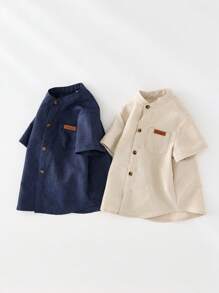 SHEIN 2 件套男婴休闲基本款纯色短袖翻领衬衫套装，百搭套装，适合生日派对、晚会、表演、婚礼、迎婴派对、一个月大、一周岁庆典 - 彩色 - 查看 5