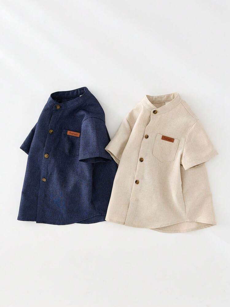 SHEIN 2pcs/Set Baby Boy Casual Basic Solid Color Short Sleeve Collared Shirt Outfit, Versatile Set Suitable For Birthday Party, Evening Event, Performance, Wedding, Baby Shower, One Month Old, One Year Old Celebration Shirts For Baby Boys Shirts For Toddler Boys - Multicolor - View 5
