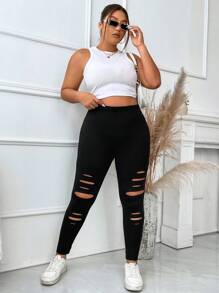 Flirla Plus Cut Out Front Leggings Fall Cloth For Women - Black - View 1