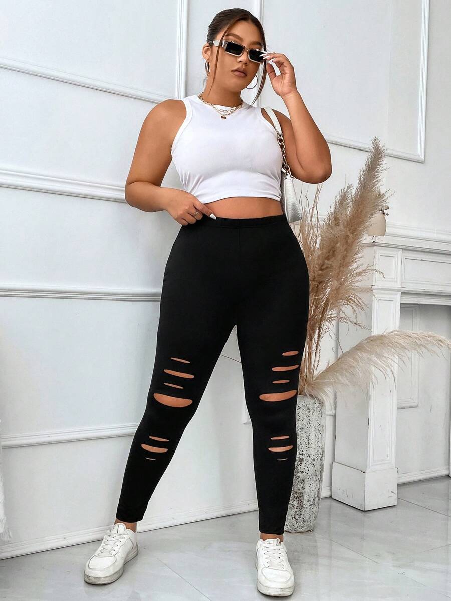 Flirla Plus Cut Out Front Leggings Fall Cloth For Women - Black - View 1