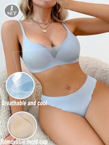 SHEIN 2pcs/Set Blue Sheer Mesh Insert Bra And Panty Lingerie Set - Dusty Blue - View 3