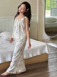 DAZY Conjunto de top de camisa y pantalones con estampado floral pequeño para niña preadolescente, ropa de regreso a la escuela