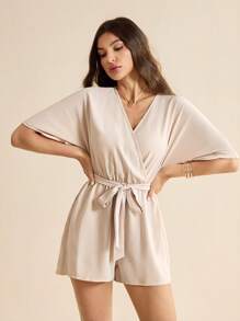 SHEIN Tall 夏季女士V领交叉裹腰系带花卉蕾丝纹理休闲度假连体裤 - 杏色 - 查看 4