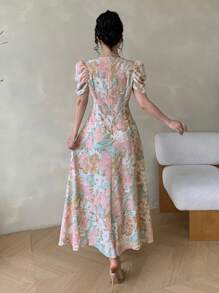 Modelyn Women's Slim Fit Mini Dress With Cross Neckline Decor Pearl Buttons & Puff Sleeves