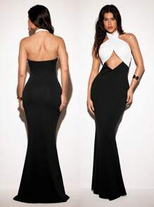 VIOLA AND VESPER Black&White Cross Neck Maxi Bicolor Maxi Dress Women Elegant Long Dress - Black and White - View 9
