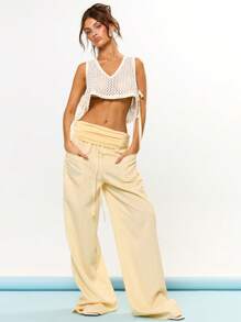 MUSERA Ruched Foldover Waist Pocket Detail Wide Leg Trousers Beach Cover Up Summer Vacation Holiday Festival Cute Casual Elegant Tuscan Sun
