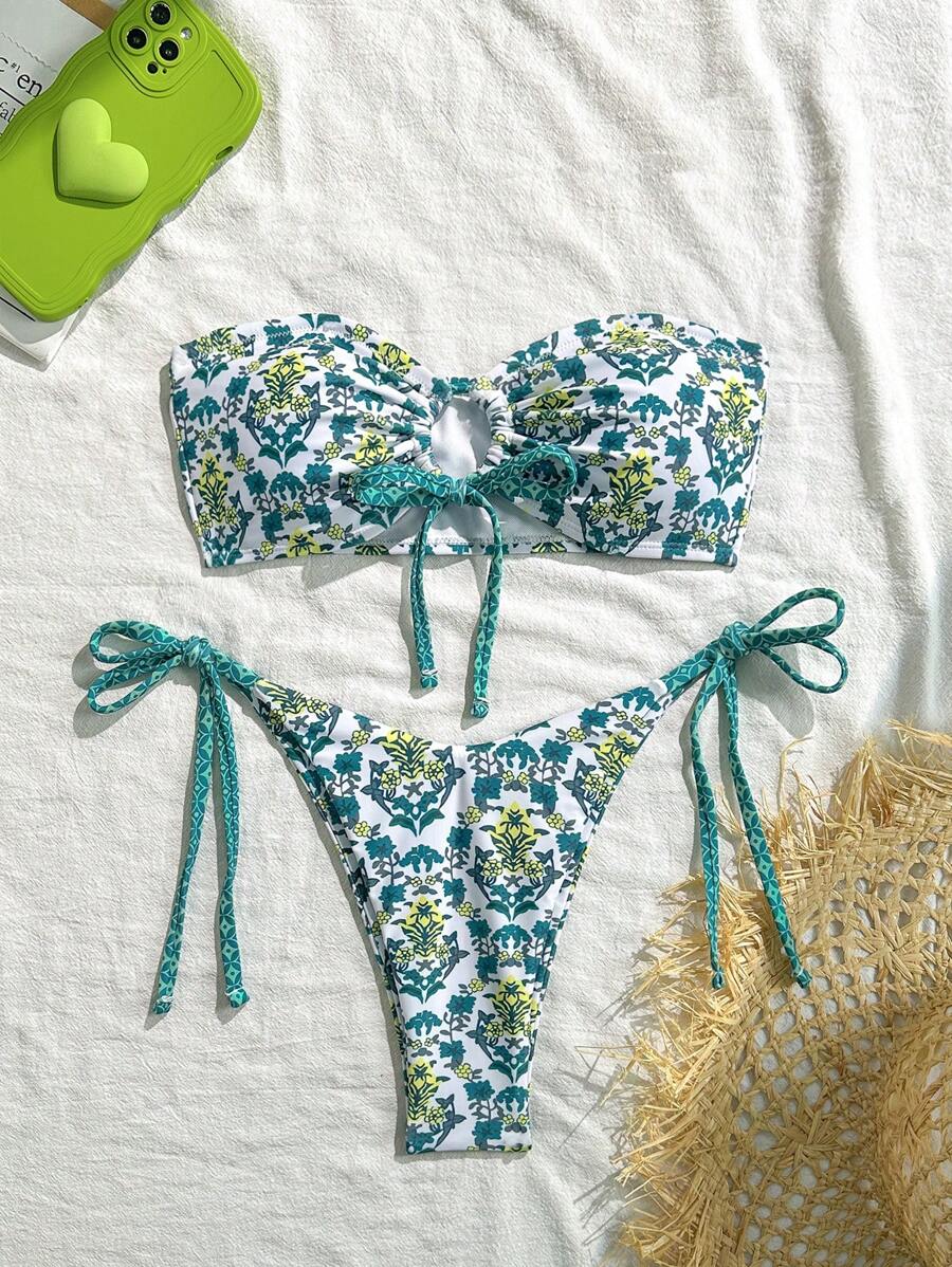 Swim Mod 女士夏季沙滩花卉印花露背性感比基尼泳装套装