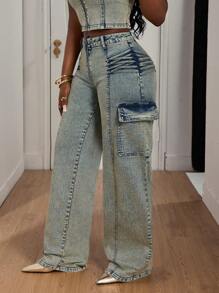 Slaydiva Women's Cargo Pocket Wide Leg Relaxed Fit Casual Versatile Jeans - Blue - View 6