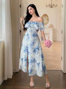 DAZY Elegant Floral Off Shoulder Ruffle Hem Tied Waist Mid-Calf Dress For Women, Summer