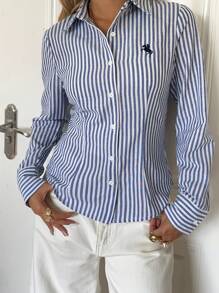 SHEIN EZwear 女式新款刺绣装饰条纹修身长袖衬衫 - 藍白色 - 查看 5