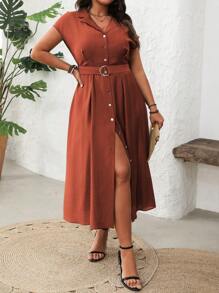 Vionelle Đầm Maxi Chữ A Cổ Chữ V Thanh Lịch Kiểu Pháp Mùa Xuân/Hè Cho Nữ Size Lớn Có Thắt Lưng Khóa D Màu Bạc Thắt Lưng Trang Trí - Rỉ Nâu - Xem 4