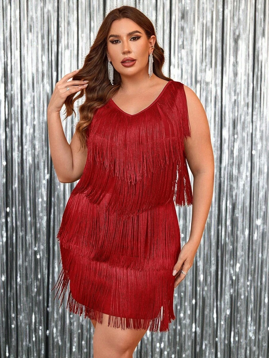 Truni Plus Size Multilayer Tassel Dress, For Pear & Triangle Body Shape, For Body Shape, For Summer - Red - View 1