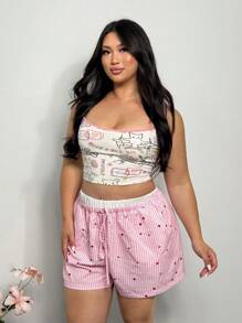 Firerie Plus Size Women Casual Loose Shorts With Elegant Color Blocking, Heart Stripes Print, Suitable For Spring/Summer, Vacation & Home, Comfy - Pink - View 3