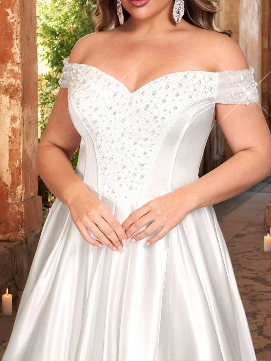 Glamrae 加大码优雅浪漫深 V 领修身鱼尾婚纱，采用串珠网布和 A 字形细节设计，适合新娘 - 白色 - 查看 1