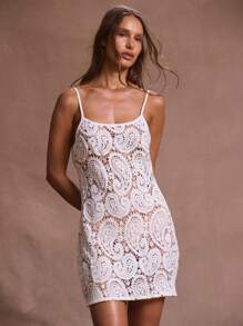 Musera Resort Vestido mini de encaje con estampado de paisley y tirantes, ideal para cubrir el traje de baño en verano, Ibiza, vacaciones, romántico, playa, festival, boda sagrada, cumpleaños, renacimiento