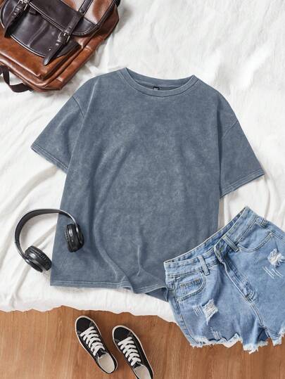 SHEIN EZwear Plus Size Blue Knitting Vintage Distressed Women Loose Short Sleeve T-Shirt