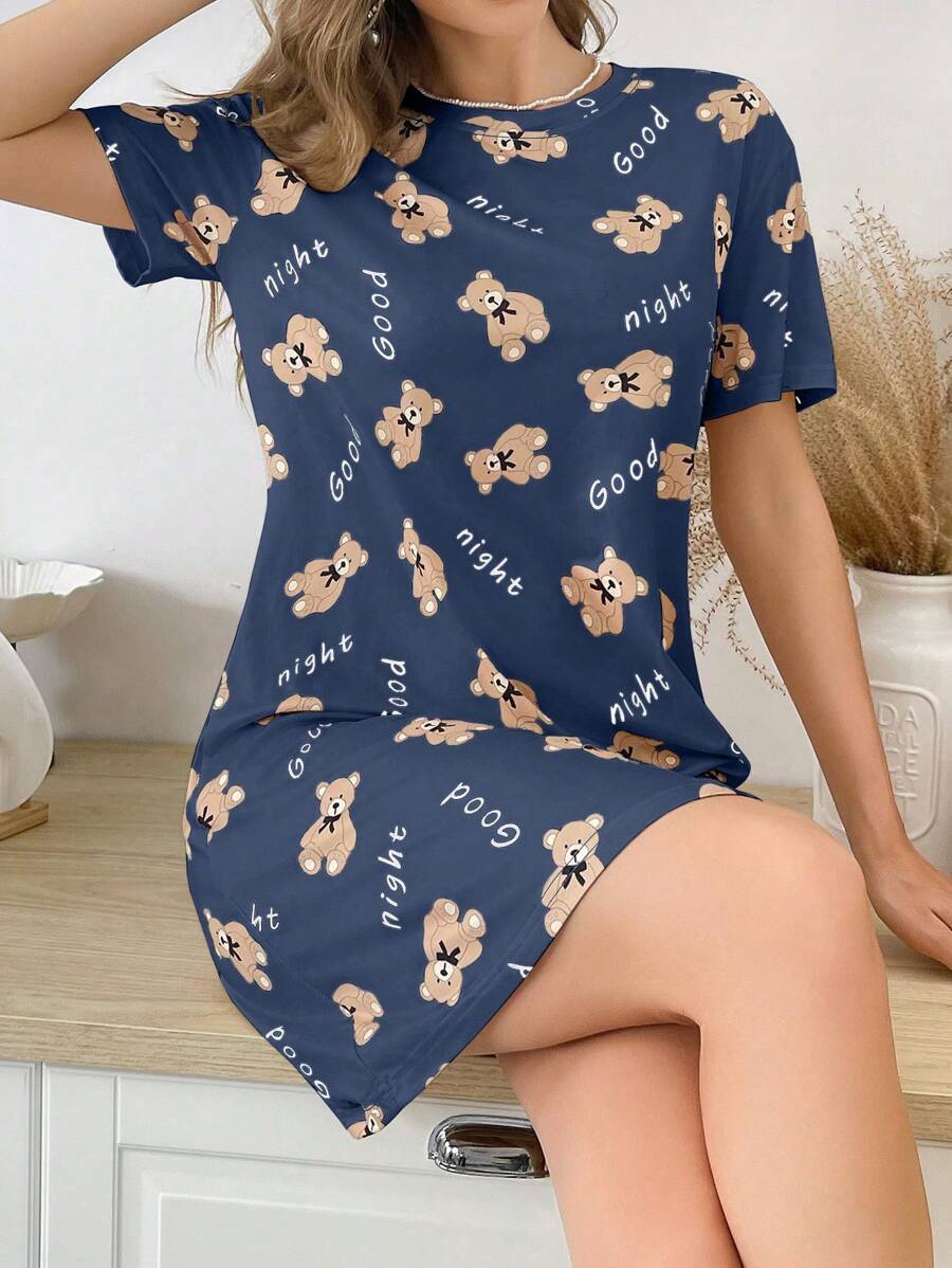 女士小熊字母印花圆领短袖睡裙，哞哞睡衣 - 彩色 - 查看 1