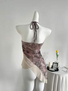 Sweetra Top de tirantes con cuello halter de mujer con estampado floral aleatorio y patchwork - Multicolor - Ver 2