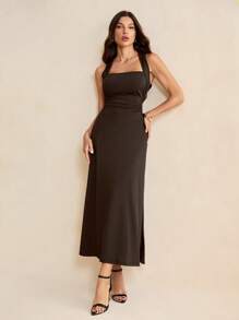 SHEIN Tall 女式纯色侧褶长裙 - 棕色 - 查看 7